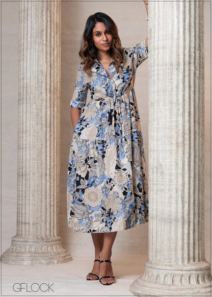 Printed Tie Detailed Dress (Premium Cotton) - 201025