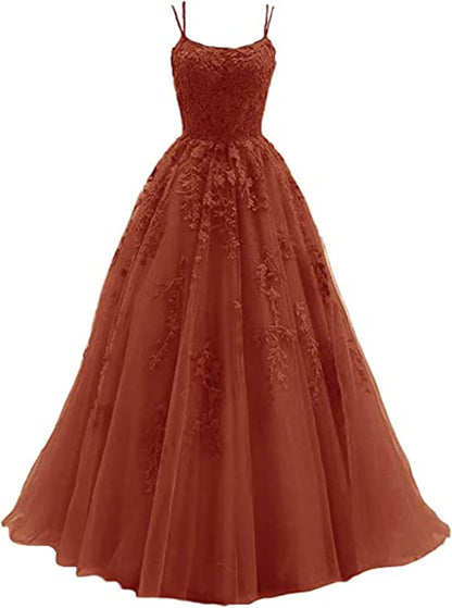 Puffy Burnt Orange Prom Dress 2023 Spaghetti Straps Tulle Lace Appliques Corset Back