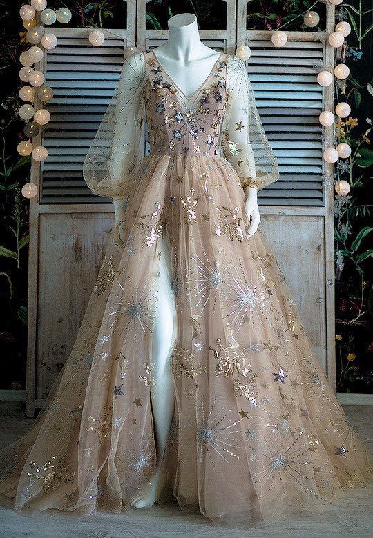 Puffy Sleeves Prom Dress 2023 Tulle Satin with Slit V Neck