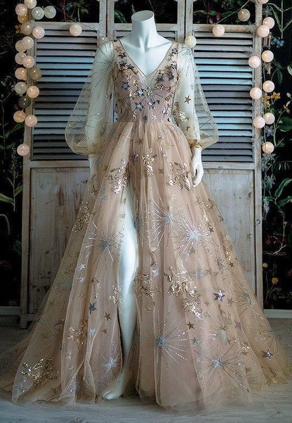 Puffy Sleeves Prom Dress 2023 Tulle Satin with Slit V Neck