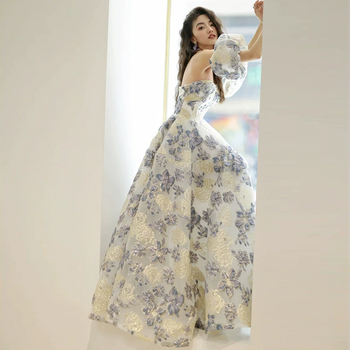 Purple Floral Prom Dress 2025 Corset with Detachable Short Sleeves