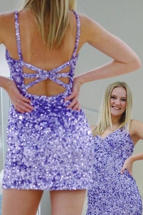 Purple Homecoming Dress 2023 Short Spaghetti Straps Sequin Crisscross Back