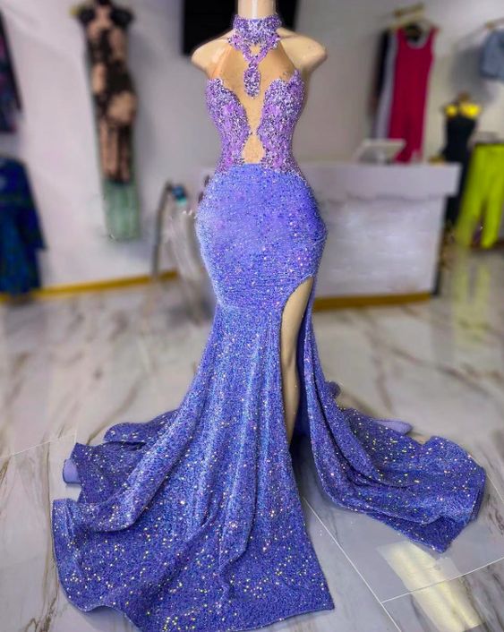 Purple Prom Dress 2024 Halter Neck Sequin with Slit