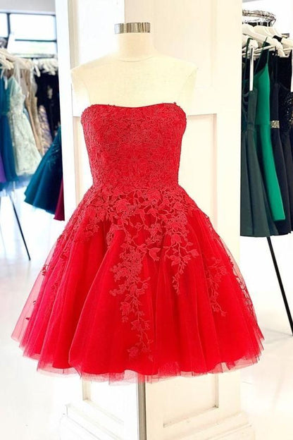 Red Homecoming Dress 2023 Short Strapless Tulle with Appliques