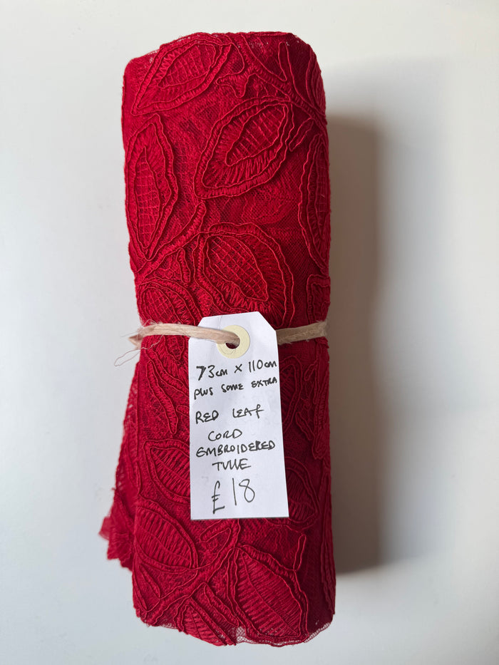 Red Leaf Cord Embroidered Tulle Remnant