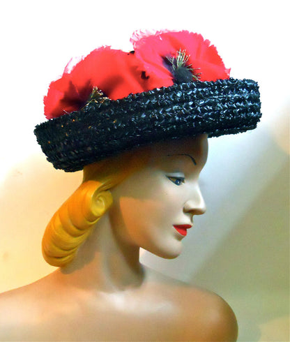 Black and White Sisal 1960s Hat with Big Red Poppies