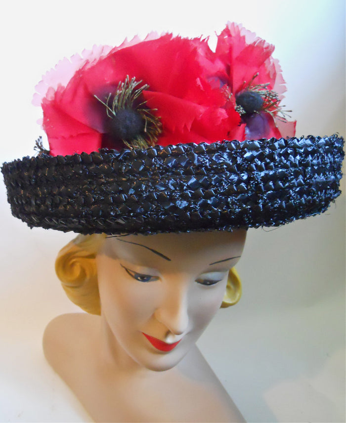 Black and White Sisal 1960s Hat with Big Red Poppies
