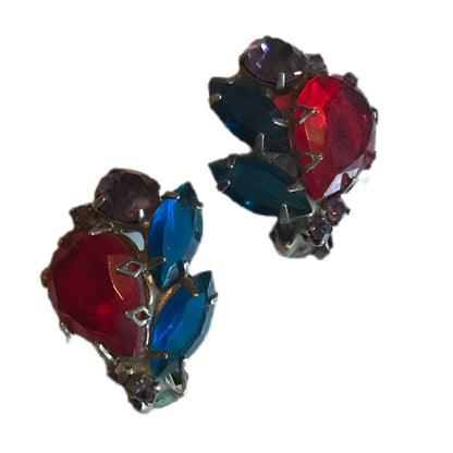 Red, Purple and Blue Crystal Cluster Clip Earrings circa 1940s
