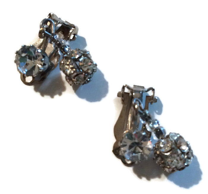 Rhinestone Ball Drop Dangling Clip Earrings circa 1940s