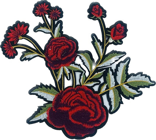 Ani Accessories Rose Bunch Flower Heat Transfer Patch for Apparel Decoration featuring vibrant red flowers and green leaves