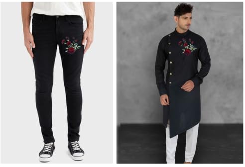 Ani Accessories Rose Bunch Flower Heat Transfer Patch for Apparel Decoration applied on black jeans and a kurta