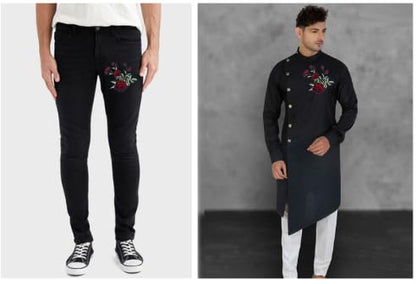 Ani Accessories Rose Bunch Flower Heat Transfer Patch for Apparel Decoration applied on black jeans and a kurta
