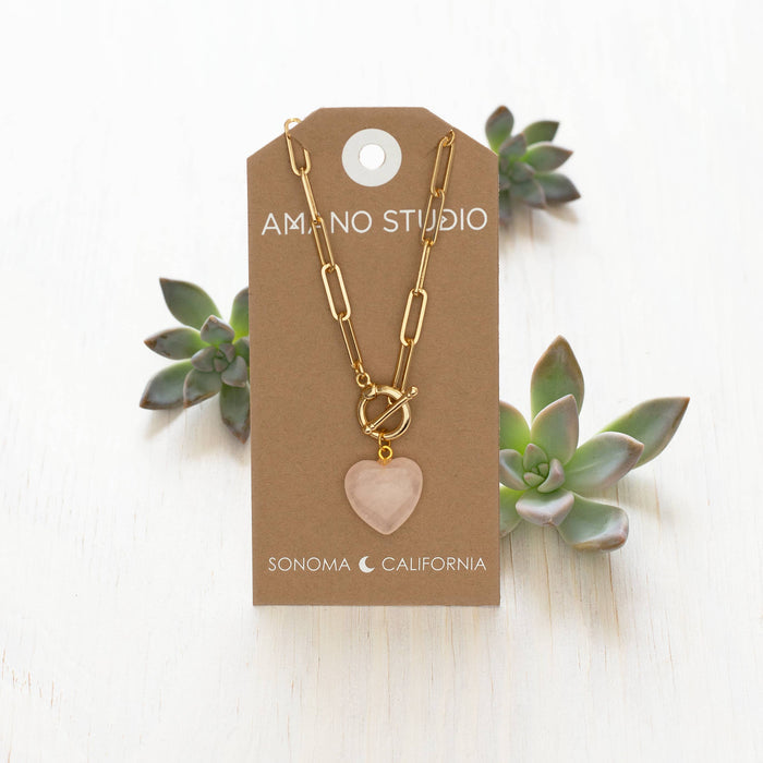 Rose Quartz Roxy Chain Toggle Clasp Heart Necklace
