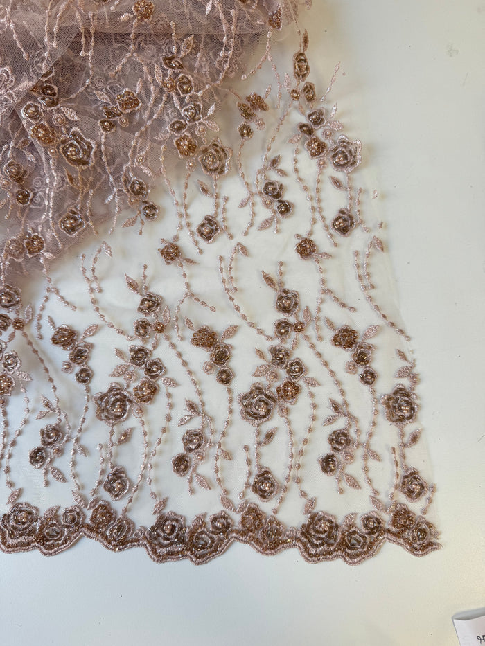 Rosette Beaded Embroidered Tulle Remnant
