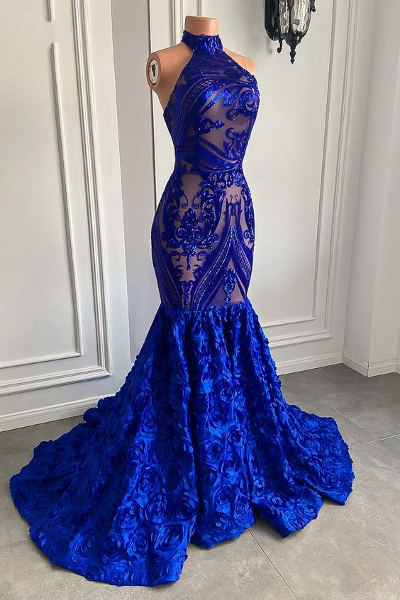 Royal Blue Prom Dress 2024 Halter Neck Sequin Mermaid