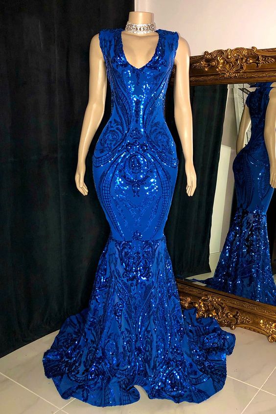 Royal Blue Prom Dress 2024 V Neck Sequin Sleeveless Mermaid