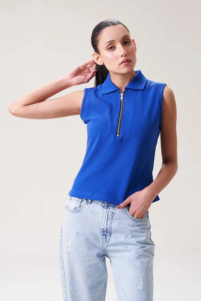 Royal Blue Sleeveless Polo Zip Top for Women
