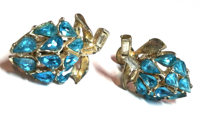 Bright Turquoise Blue Rhinestone Cluster Clip Earrings circa 1960s Dorothea's Closet Vintage Jewelry