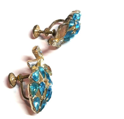 SALE Bright Turquoise Blue Rhinestone Cluster Clip Earrings circa 1960s