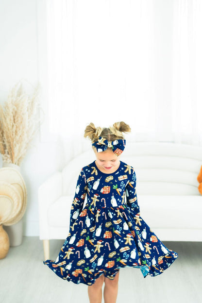 Santa‚Äôs Treats Long Sleeve Big Kid Twirl Dress - Jammie Session