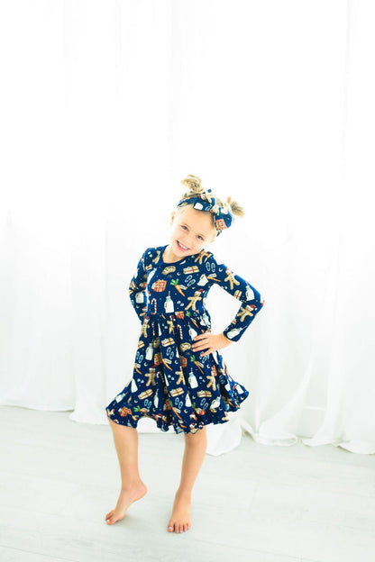 Santa‚Äôs Treats Long Sleeve Big Kid Twirl Dress - Jammie Session