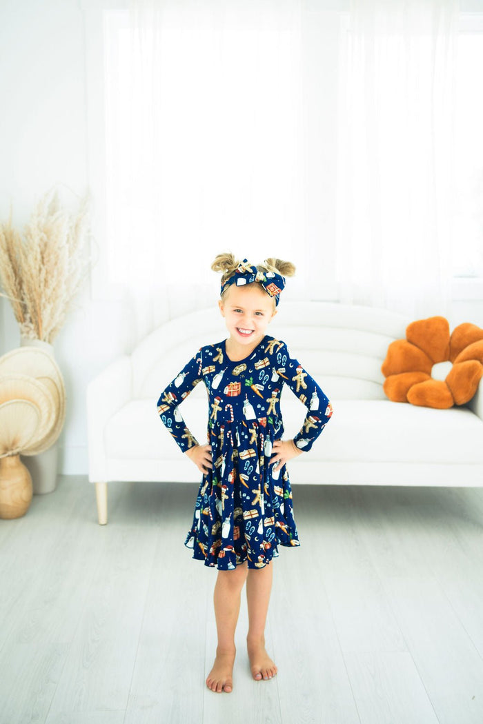 Santa‚Äôs Treats Long Sleeve Big Kid Twirl Dress - Jammie Session
