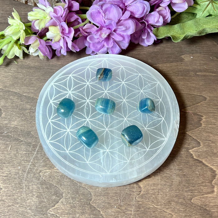 Selenite Cleansing Platform with Flower of Life Carving