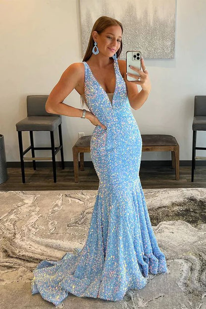 Sequin Prom Dress 2023 for Women Mermaid Plunging Neck Straps with Pleats Sparkle&Shine