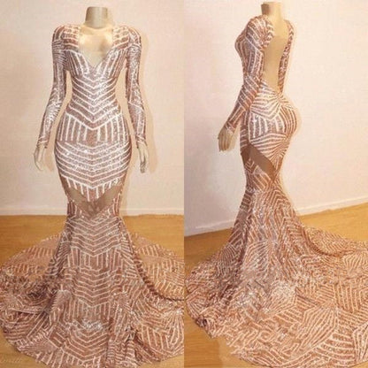 Sequin Prom Dress 2023 V Neck with Long Sleeves Open Back