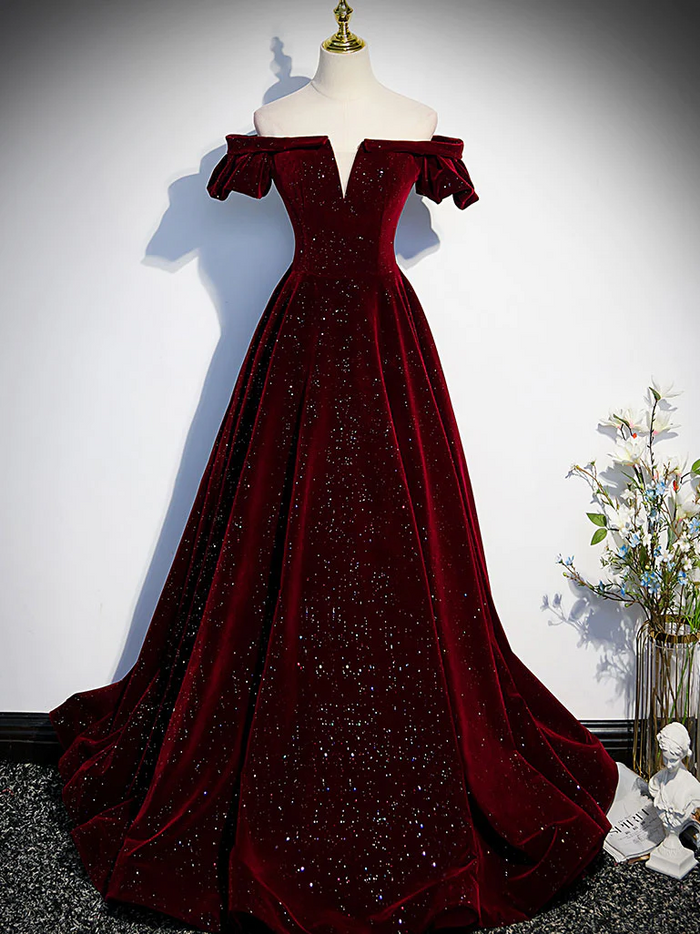 Shiny Burgundy Velvet Prom Dress 2024 Corset Back