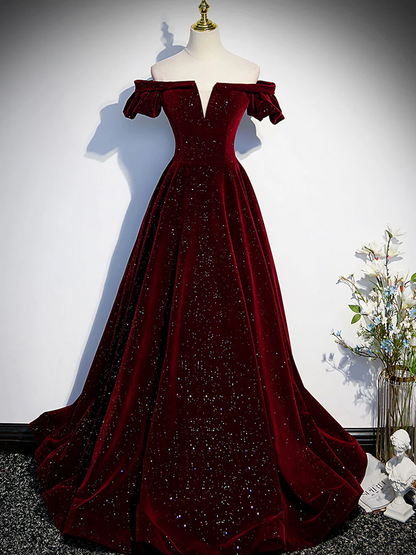 Shiny Burgundy Velvet Prom Dress 2024 Corset Back