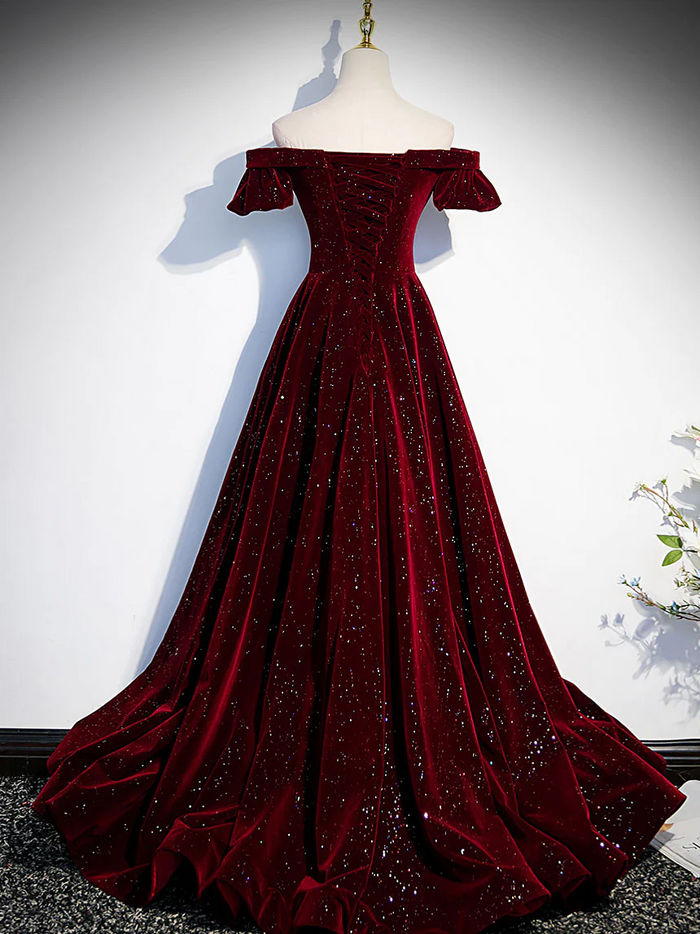 Shiny Burgundy Velvet Prom Dress 2024 Corset Back