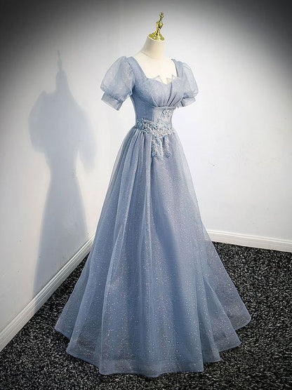 Shiny Tulle Prom Dress 2024 with Short Sleeves