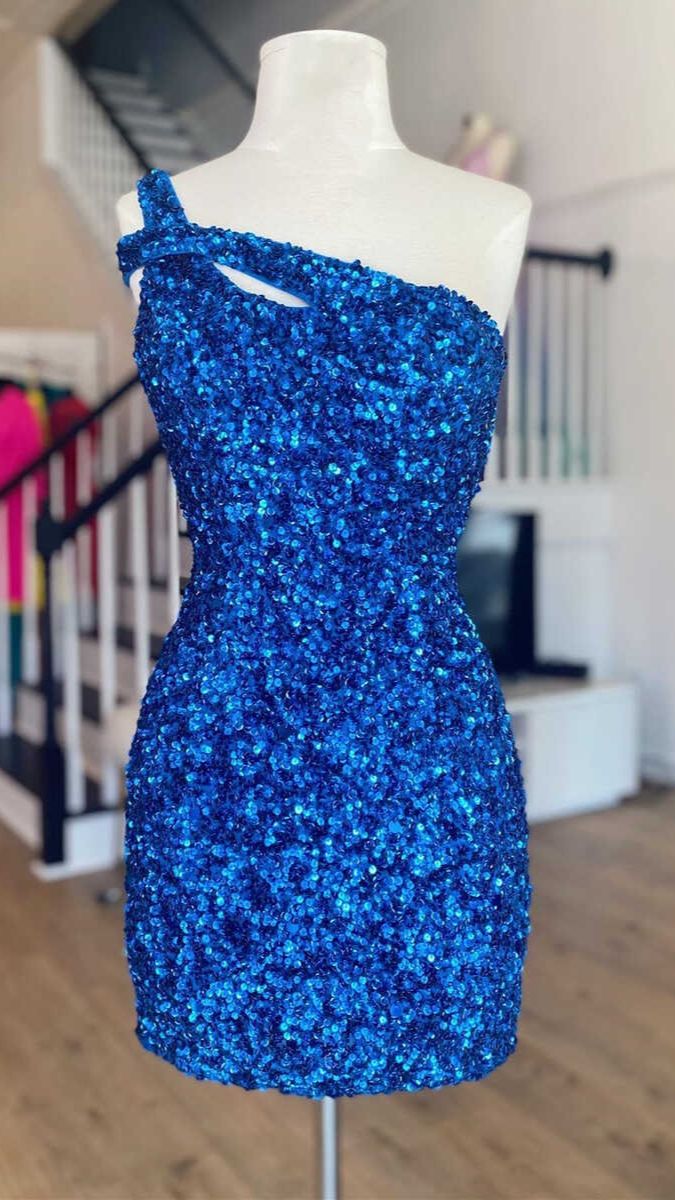 Short Homecoming Dress 2023 Sheath/Column One-shoulder Sleeveless Crisscross Back Sequin