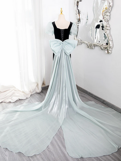 Short Puffy Sleeves Prom Dress 2025 Corset Back with Huge Bow Tail
