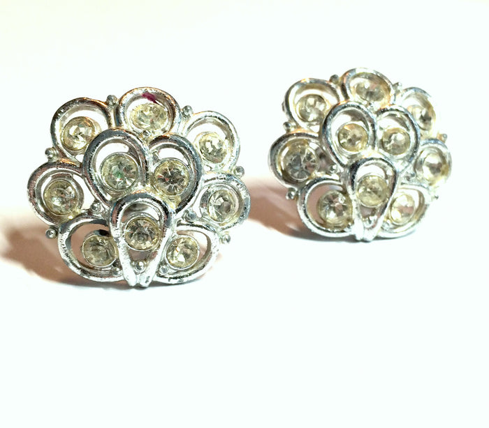 Silvery Scalloped Rhinestone Clip Earrings circa 1960s