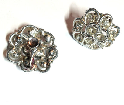 Silvery Scalloped Rhinestone Clip Earrings circa 1960s