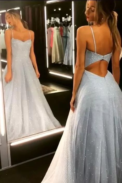 Sky Blue Prom Dress 2024 Spaghetti Straps Tulle Sparkly