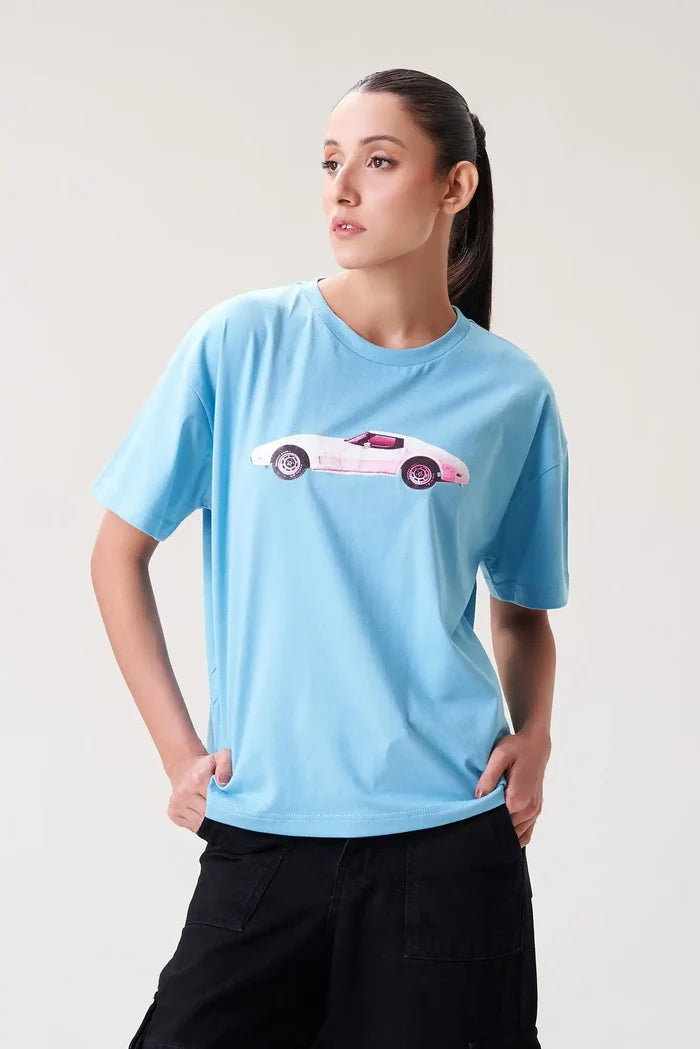 Sky Blue T-Shirt with Cool Car Print for Women