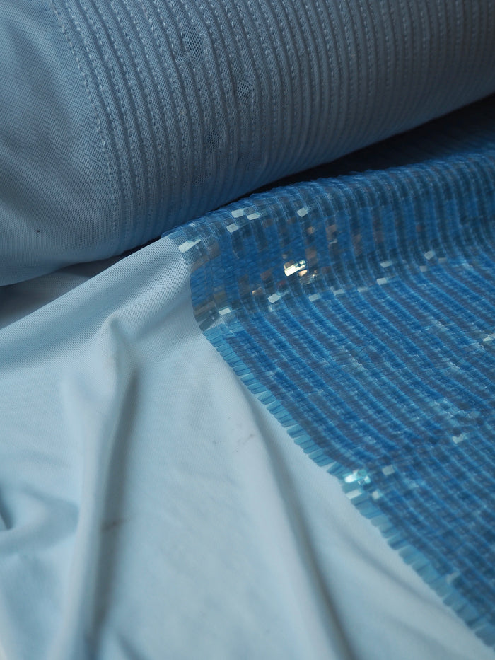 Sky Blue Translucent Long Sequin Stretch Mesh