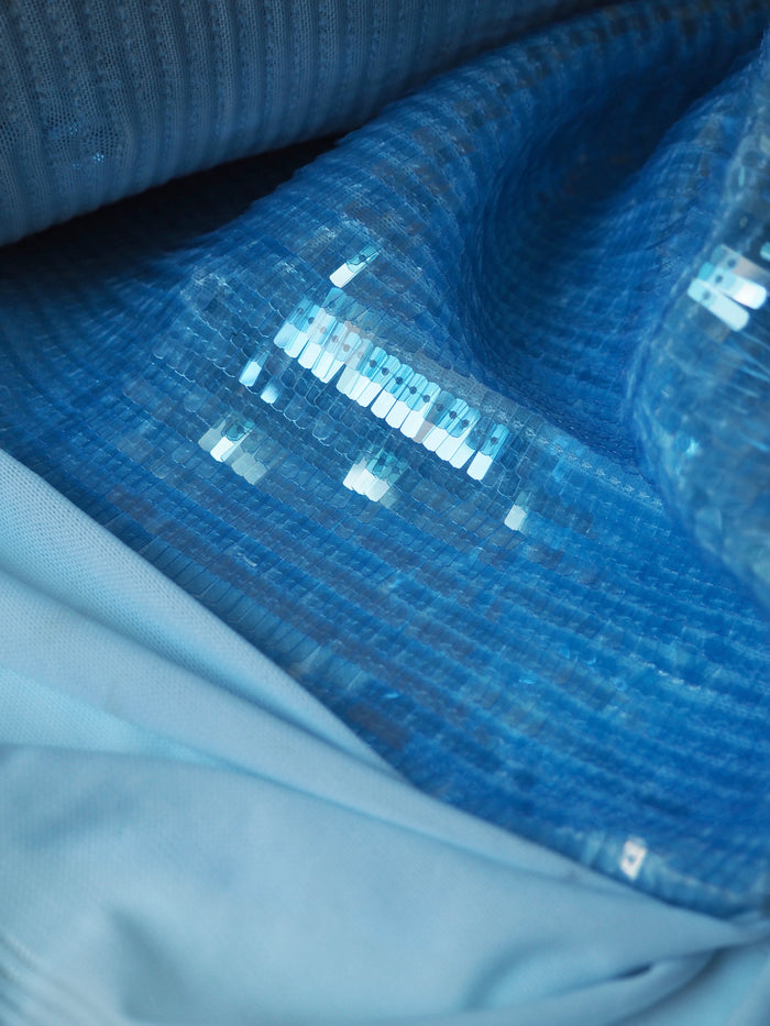 Sky Blue Translucent Long Sequin Stretch Mesh