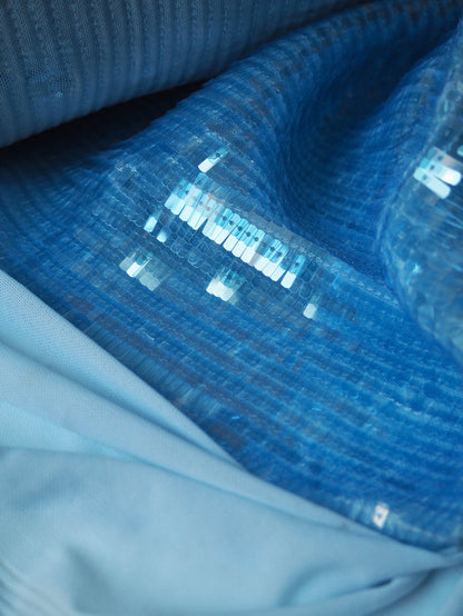 Sky Blue Translucent Long Sequin Stretch Mesh