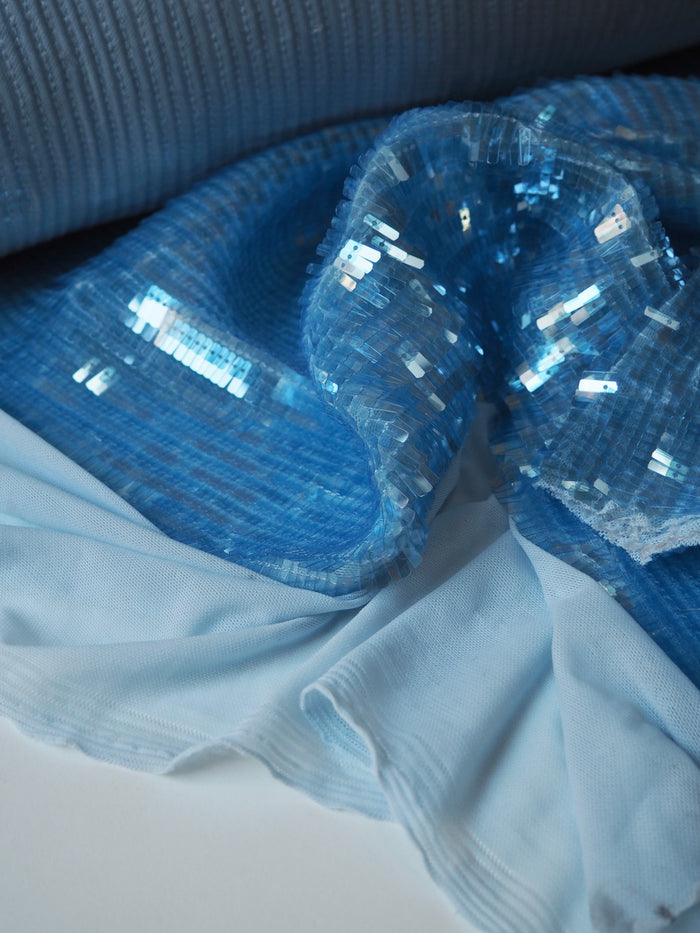 Sky Blue Translucent Long Sequin Stretch Mesh