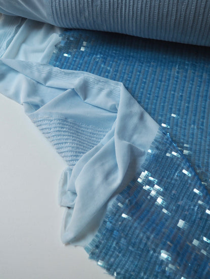 Sky Blue Translucent Long Sequin Stretch Mesh