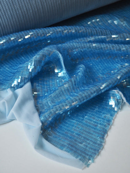 Sky Blue Translucent Long Sequin Stretch Mesh