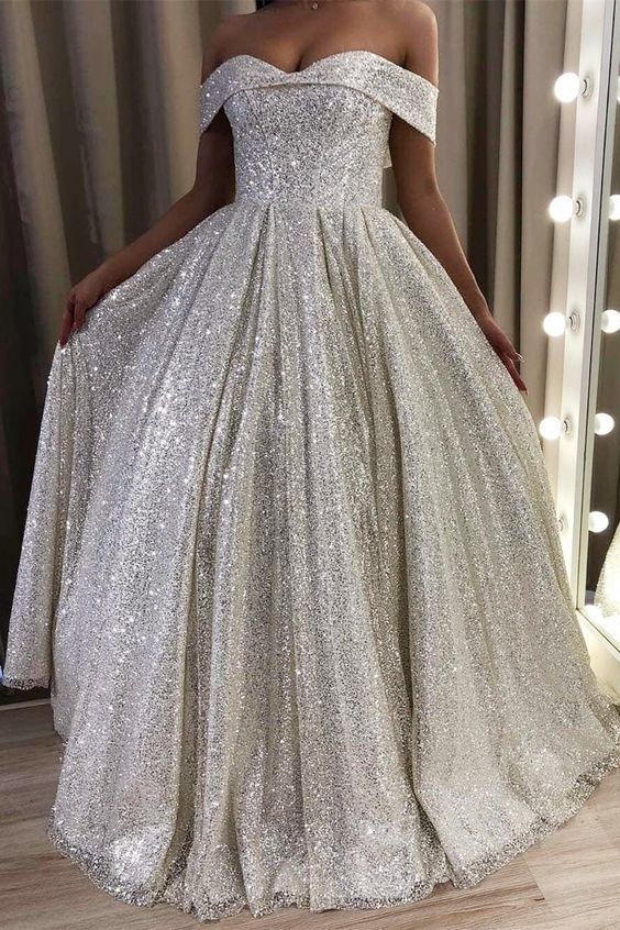 Sliver Prom Dress 2023 Off the Shoulder Sequined with Pleats Sparkly