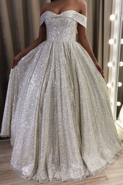 Sliver Prom Dress 2023 Off the Shoulder Sequined with Pleats Sparkly