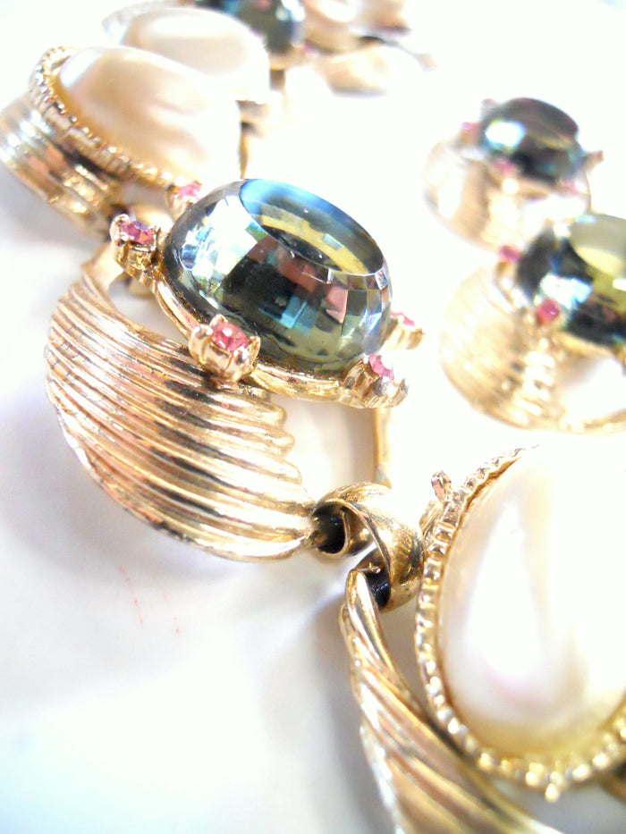 Smokey Crystal Rivoli 1960s Bracelet and Clip Earrings w/ Pink Rhinestones