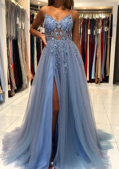 Spaghetti Straps Beads Appliques Prom Dress 2025 with Slit