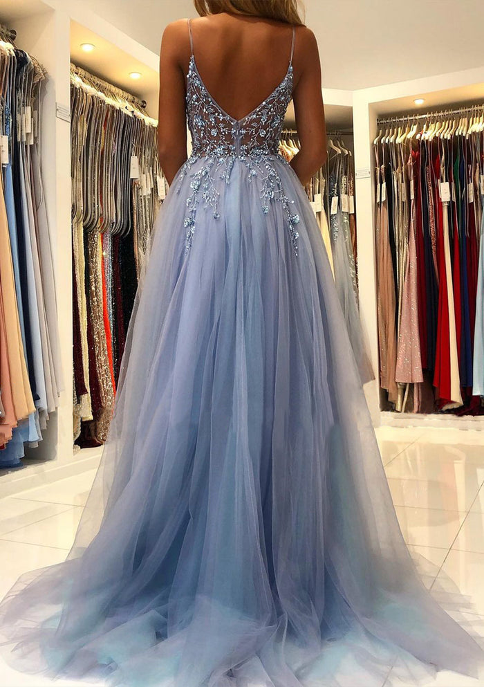 Spaghetti Straps Beads Appliques Prom Dress 2025 with Slit